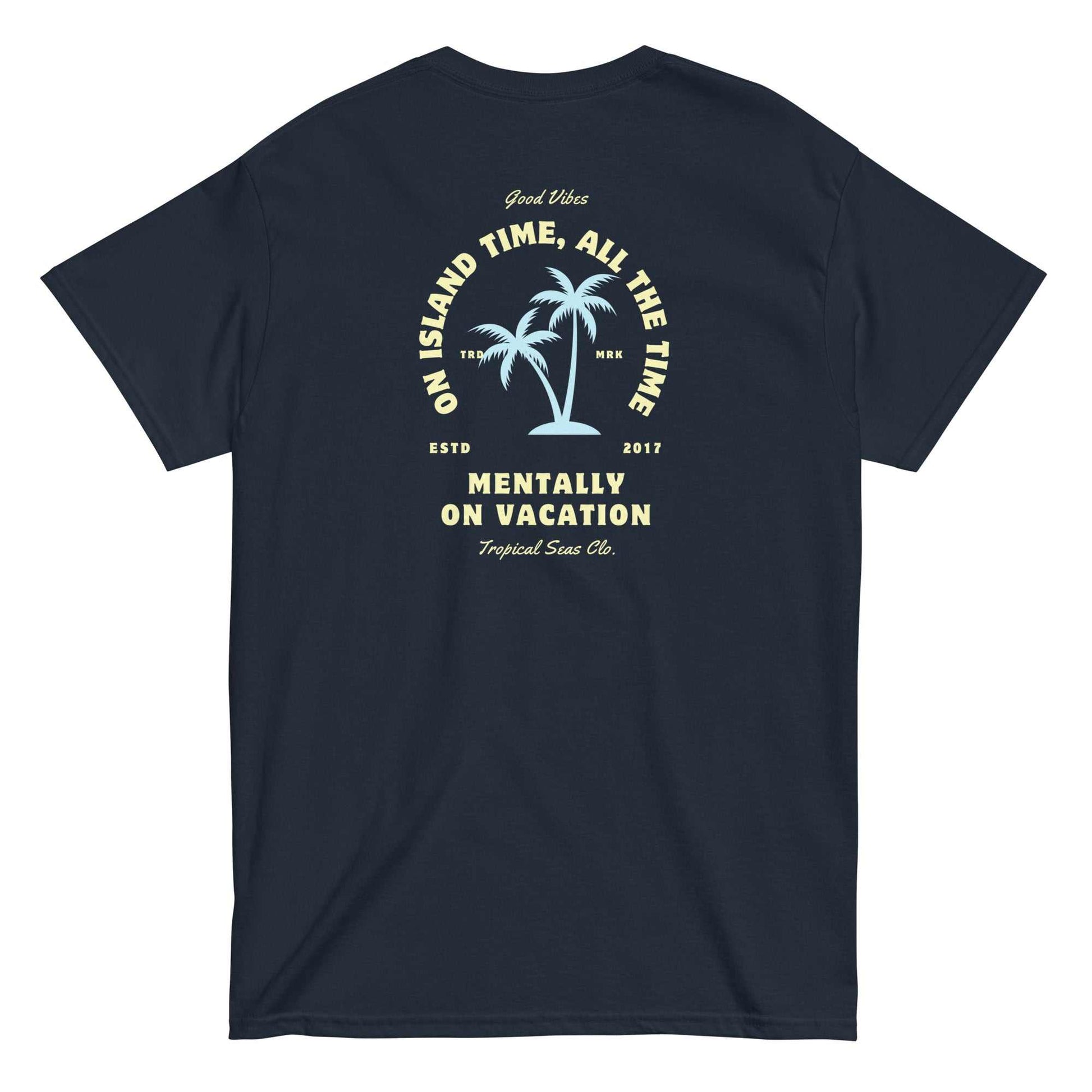 Men's Mental Beach Vacation classic tee with palm tree design and "Mentally on Vacation" text.