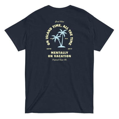 Men's Mental Beach Vacation classic tee with palm tree design and "Mentally on Vacation" text.