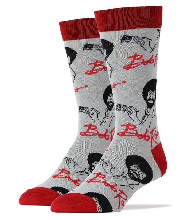 Bob Ross men's cotton crew funny socks with red accents.
