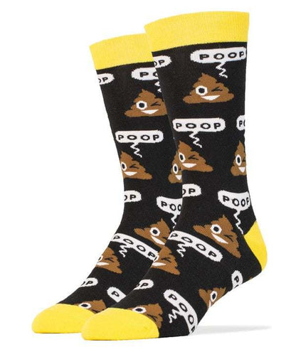 Men's emoji socks with poop design, cotton crew style, black and yellow.