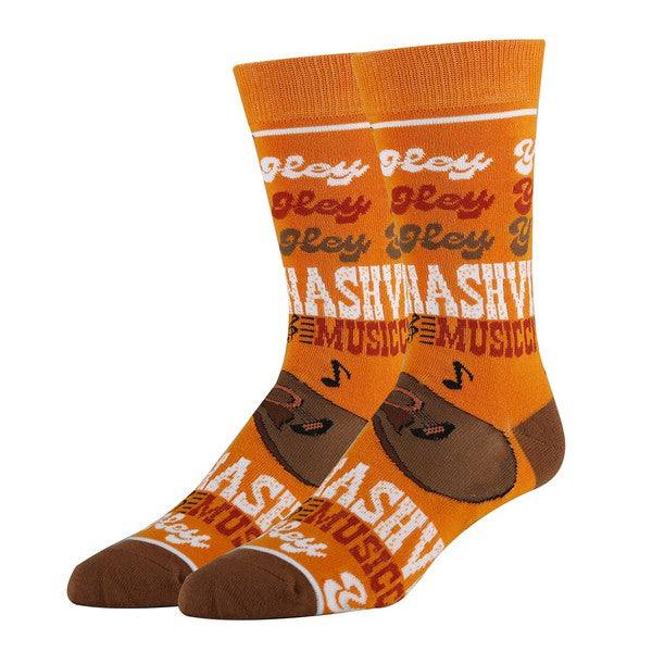 Hey Y'all men's crew socks, orange and brown design, suitable for shoe size 8 to 13.