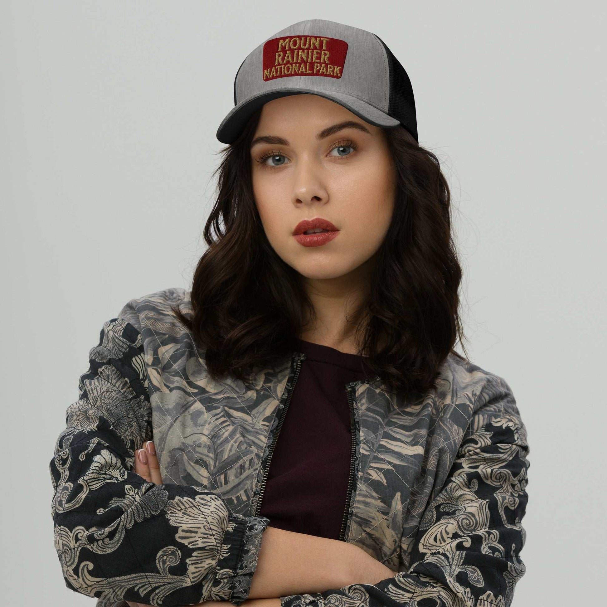 Mount Rainier National Park Sign Embroidered Trucker Hat - MENLL