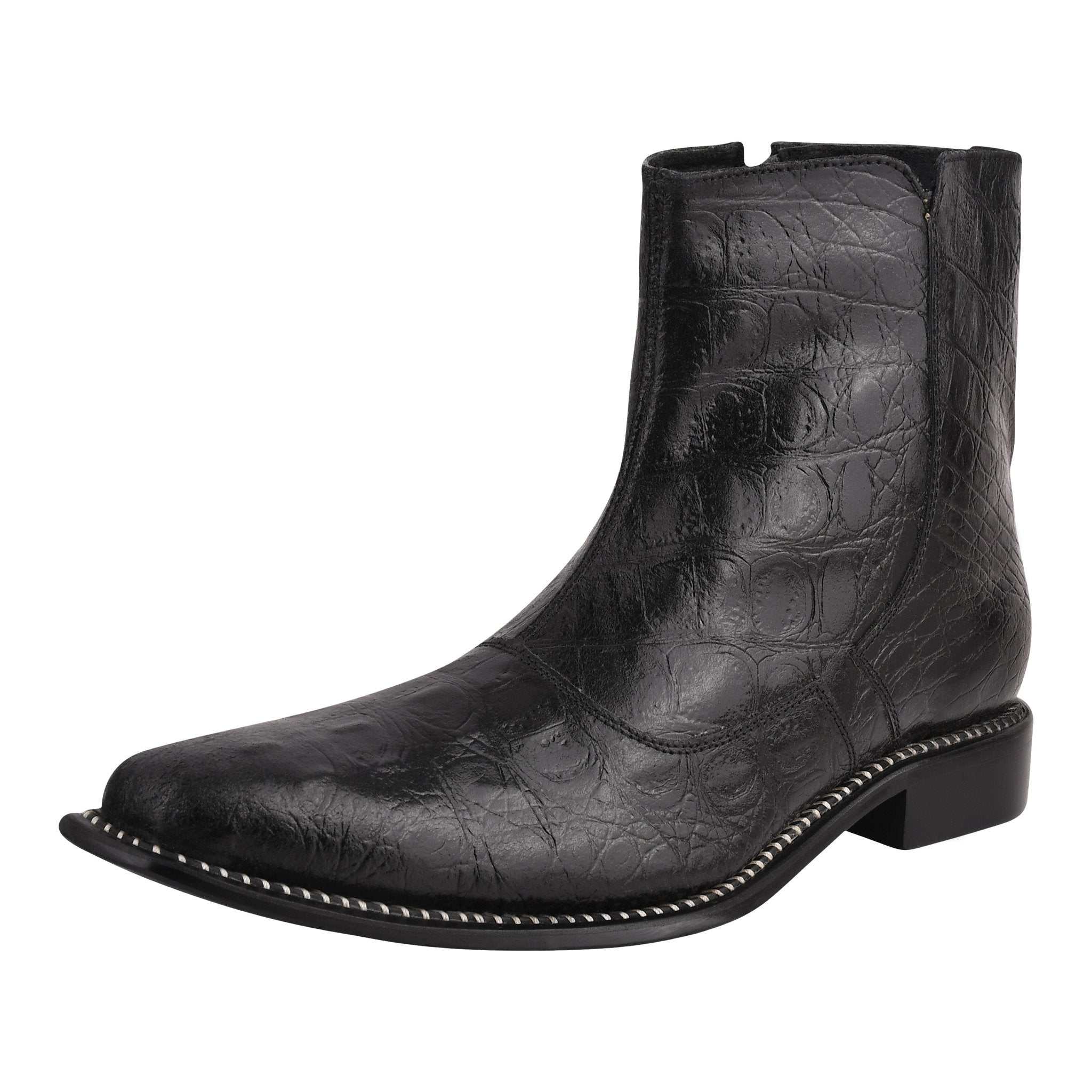 SANDRA Leather Ankle Length Side Zip Up Boots with Croco Hornback print design.