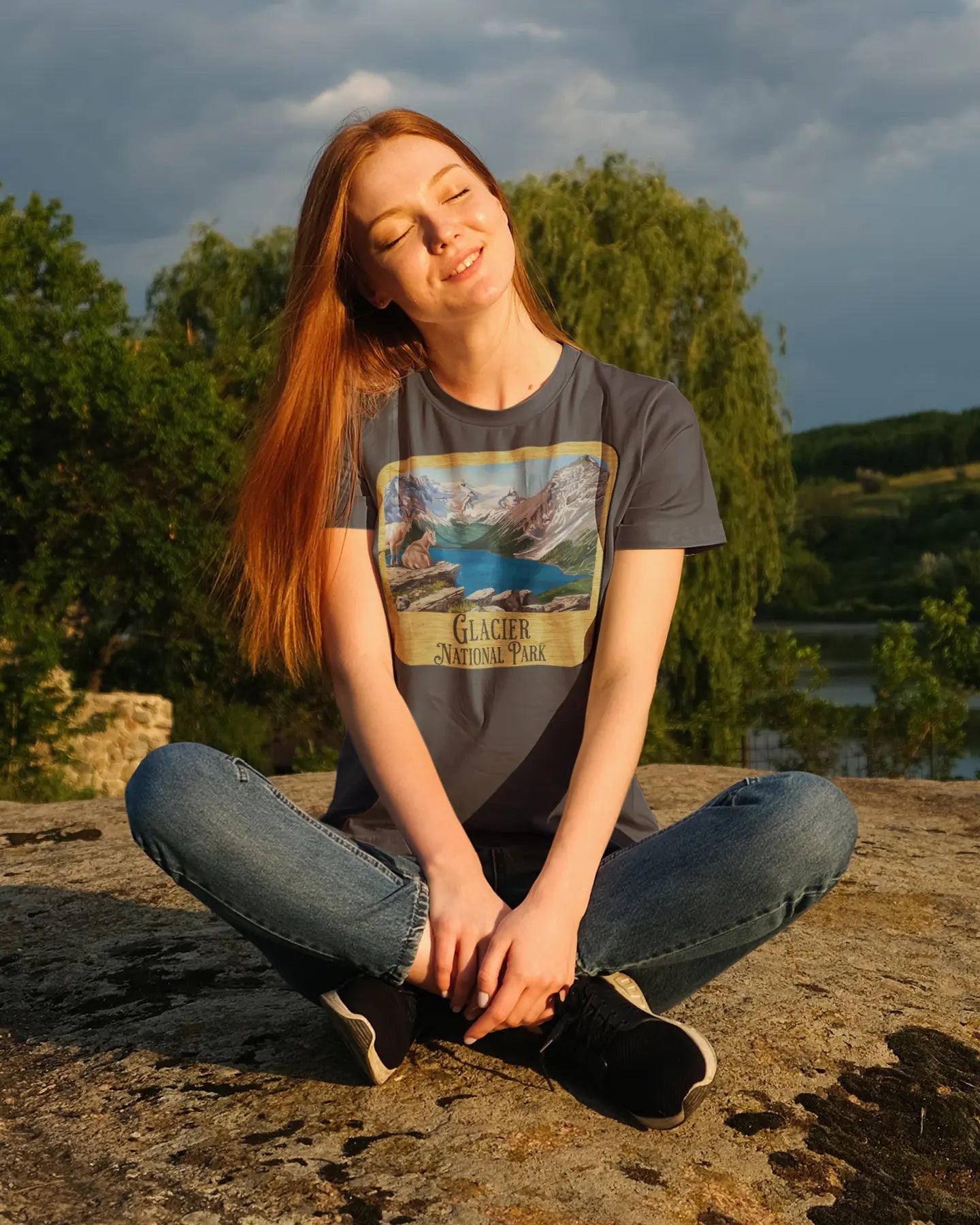 Glacier National Park Unisex Fit Short Sleeve T-Shirt Wood Sign Park Service Apparel