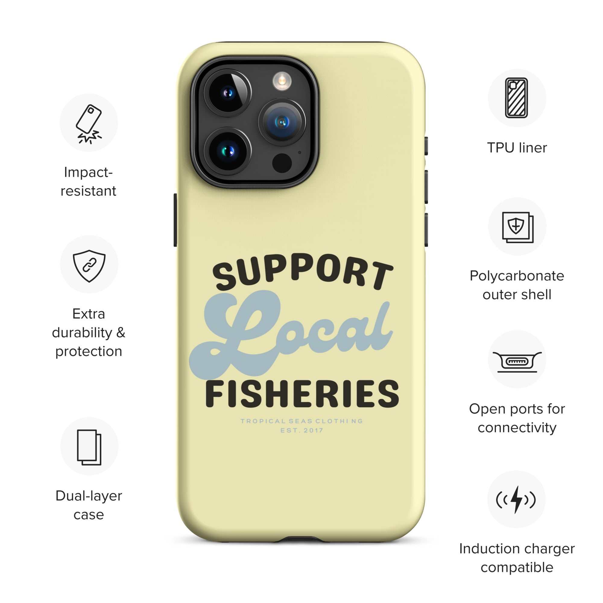 Durable Local Fisheries Tough Case for iPhone® with dual-layer protection, polycarbonate shell, TPU lining, and precise port openings.