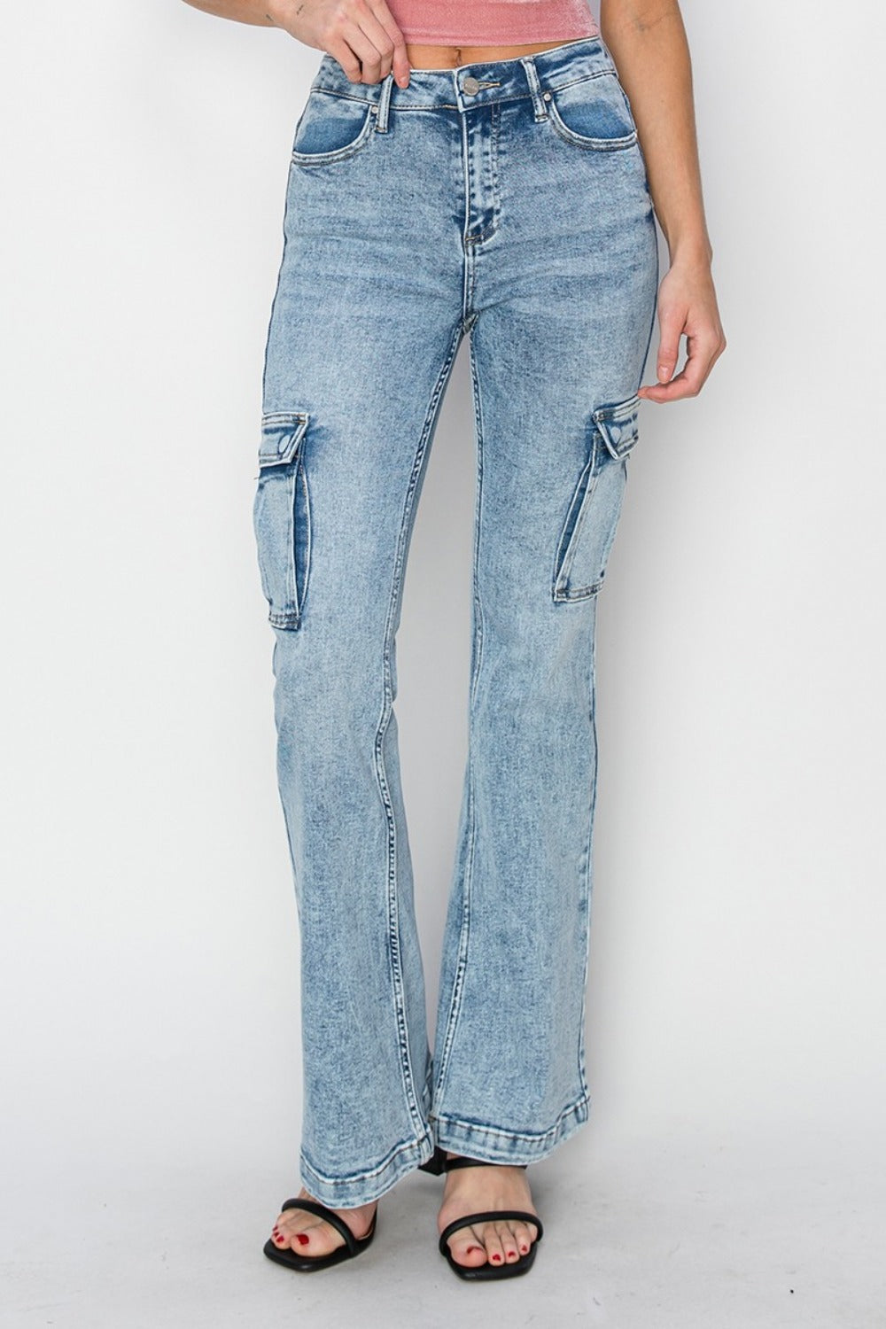 High rise cargo flare jeans with pockets, full size, slightly stretchy.