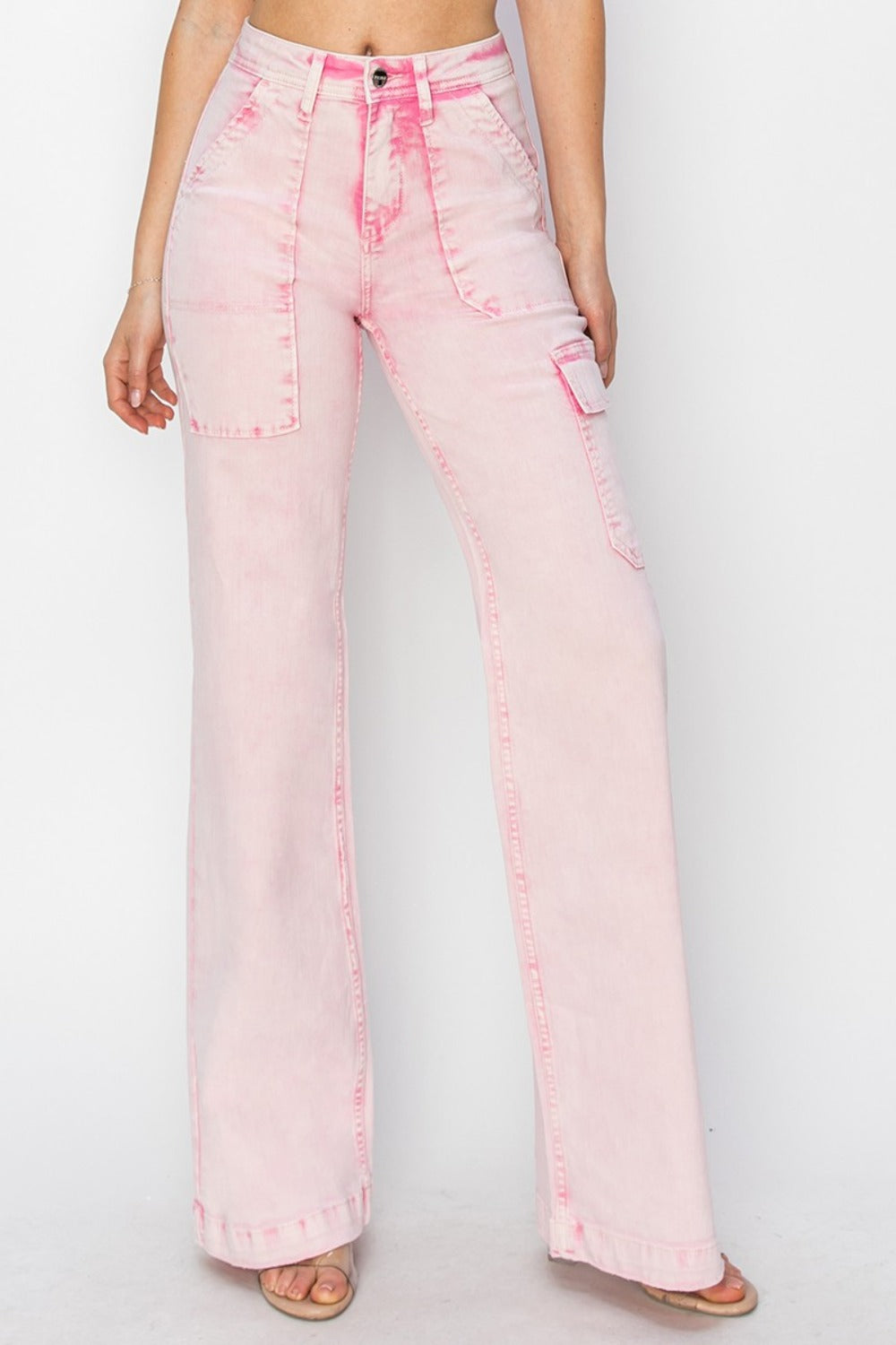 Full Size High Rise Cargo Pocket Jeans in pink, trendy and versatile.