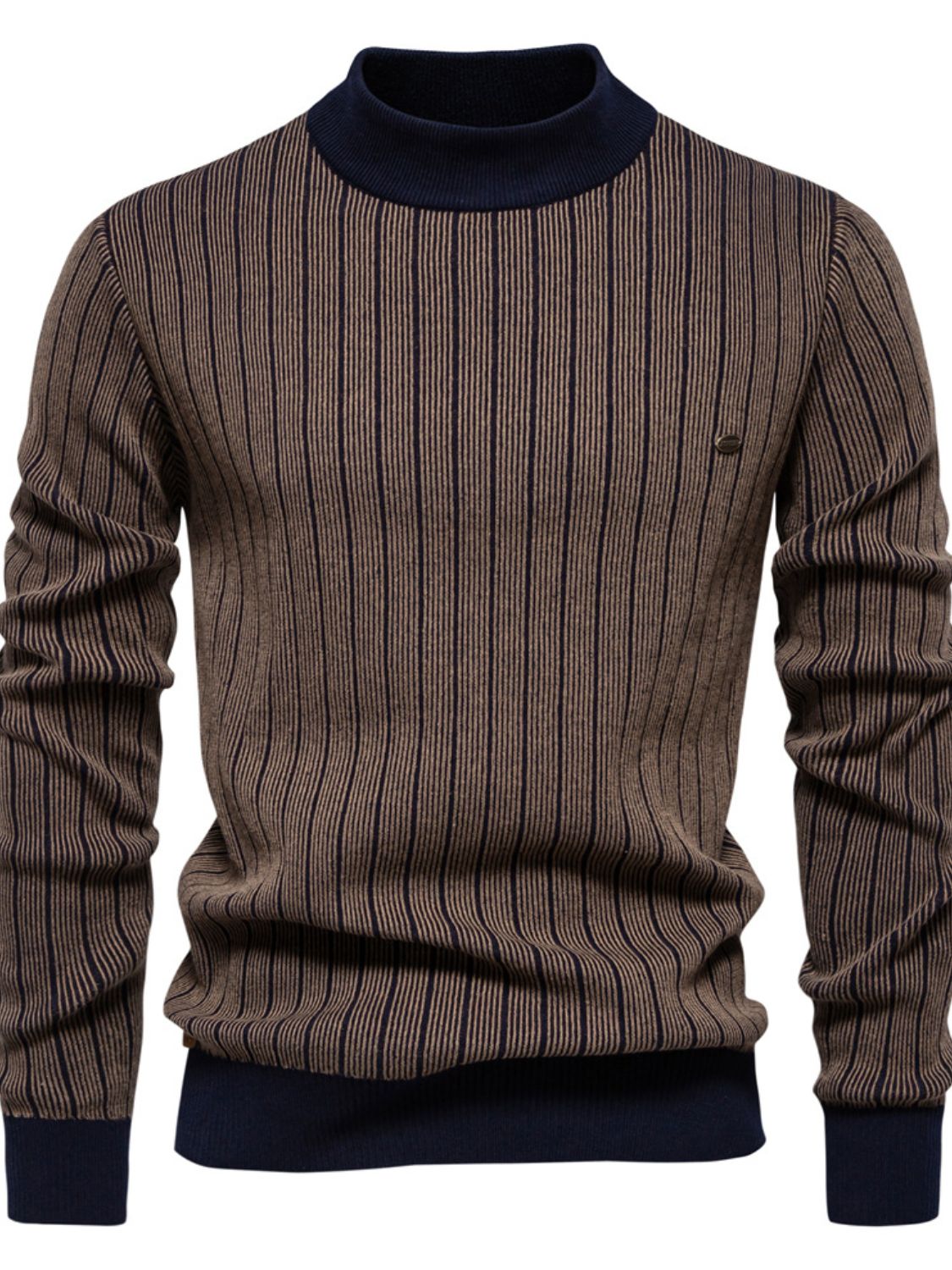 Men's mock neck contrast striped sweater with moderate stretch, cotton-elastane blend.