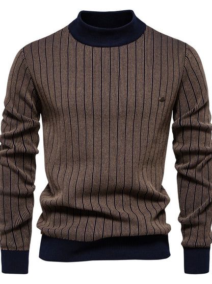 Men's mock neck contrast striped sweater with moderate stretch, cotton-elastane blend.