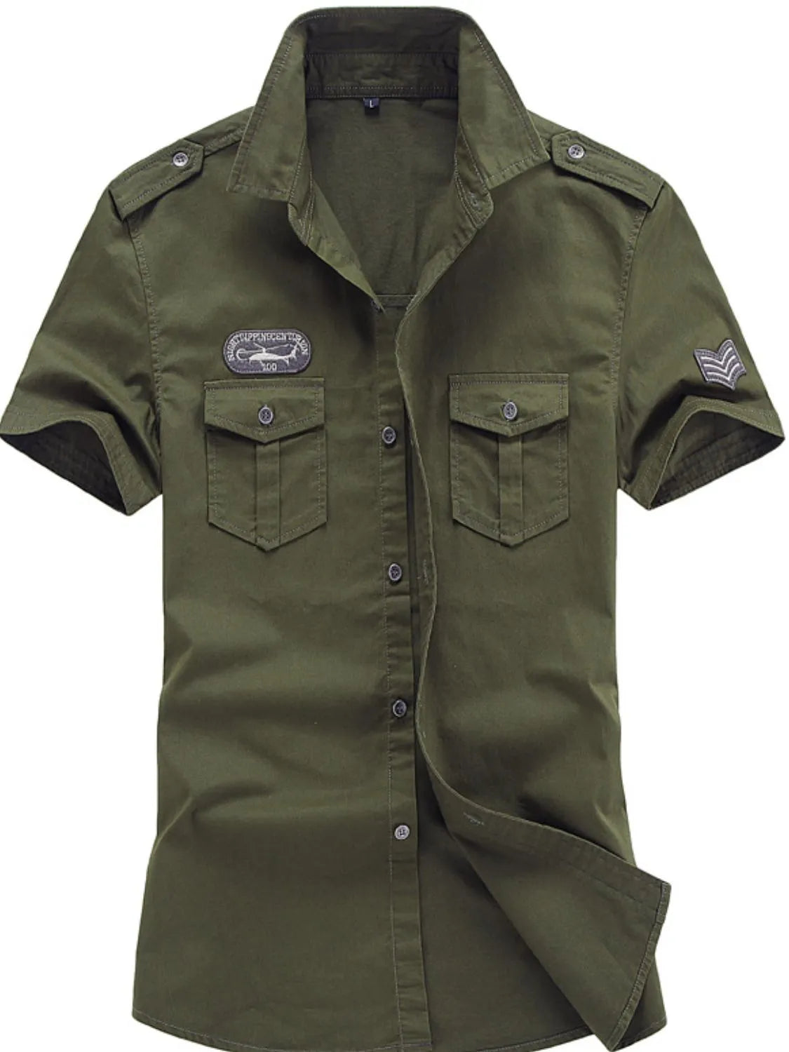 Men's plus size short sleeve shirt with collared neck, olive green, 100% cotton.