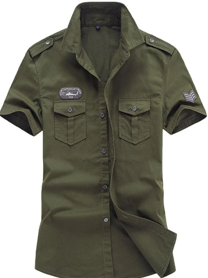 Men's plus size short sleeve shirt with collared neck, olive green, 100% cotton.