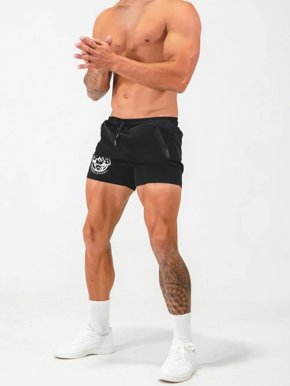 Men's plus size drawstring waist shorts, black, with white logo, featuring moderate stretch and nylon-polyester composition.