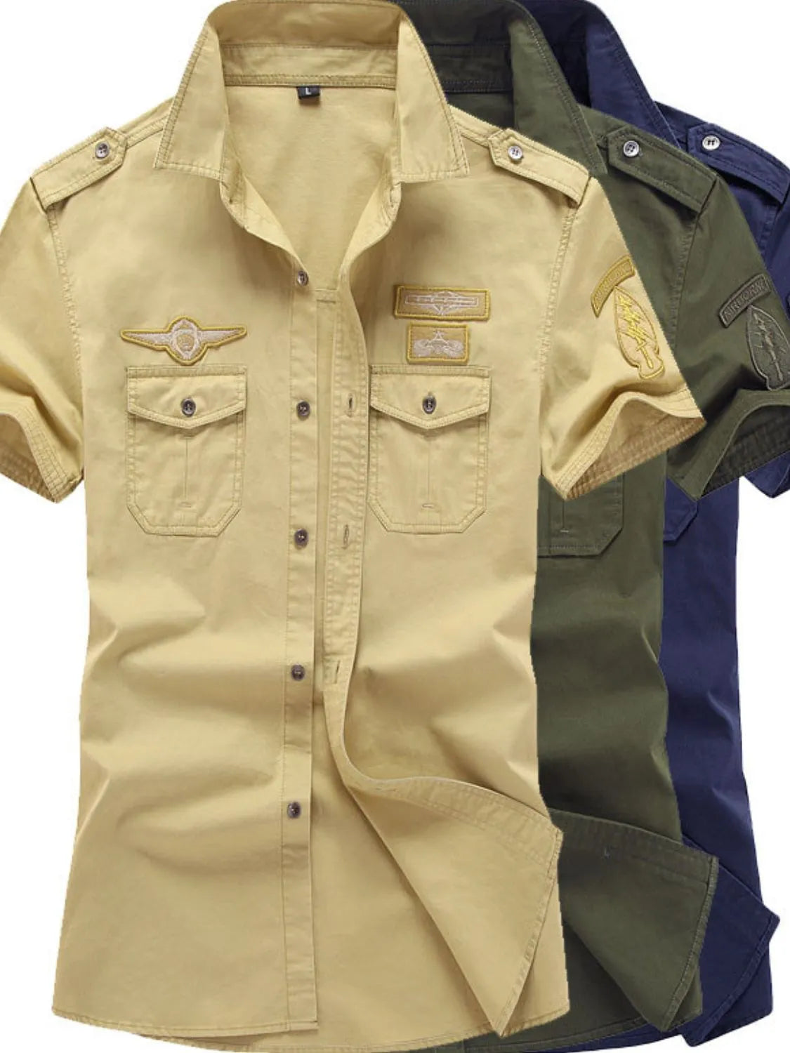 Men's plus size embroidered short sleeve shirts in beige, olive green, and navy.