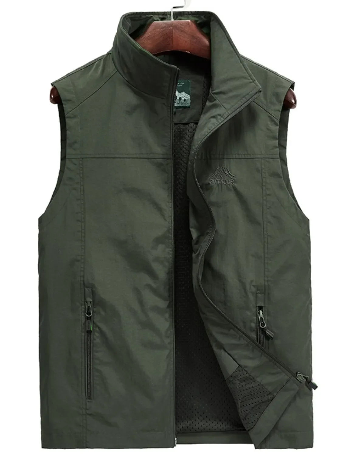 Men's plus size zip up vest in dark green, slightly stretchy nylon, basic style