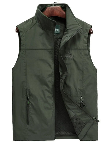 Men's plus size zip up vest in dark green, slightly stretchy nylon, basic style