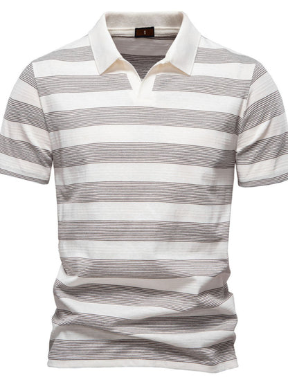 Men's contrast striped short sleeve polo shirt in white and gray, slightly stretchy cotton blend.