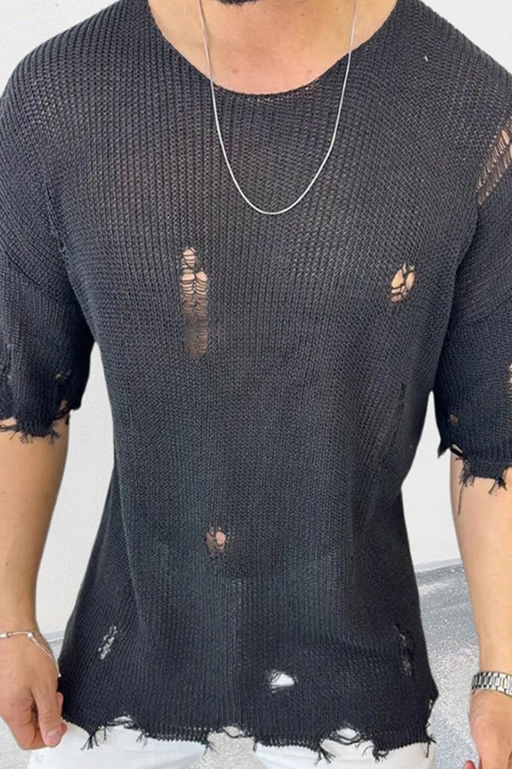 Men's distressed round neck knit top with slight stretch, featuring a basic style and distressed details.