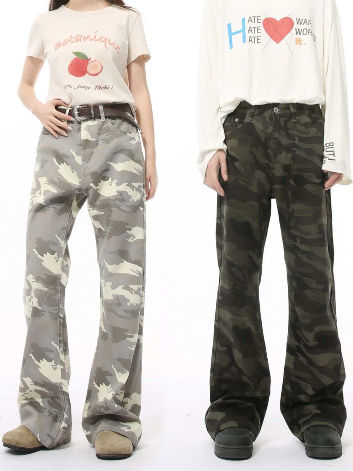 Camouflage bootcut jeans with pockets for men and women in neutral tones.
