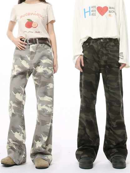 Camouflage bootcut jeans with pockets for men and women in neutral tones.