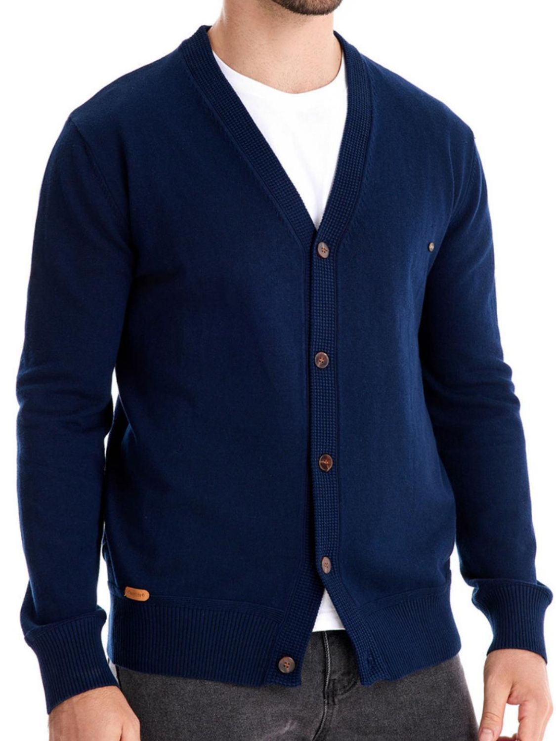 Men's button down V-neck cardigan in navy blue, featuring basic style and slight stretch, made of cotton and elastane.