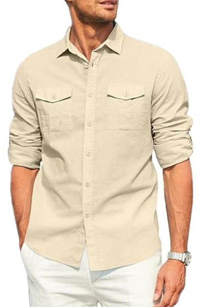 Men's plus size beige button-down long sleeve shirt with collared neck.