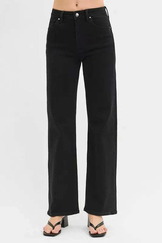 High rise wide leg jeans with classic silhouette and retro flair.