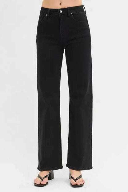 High rise wide leg jeans with classic silhouette and retro flair.