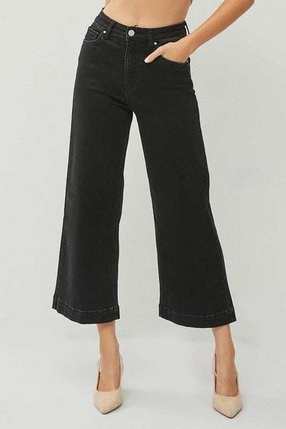 Full size high rise wide leg ankle jeans in black.