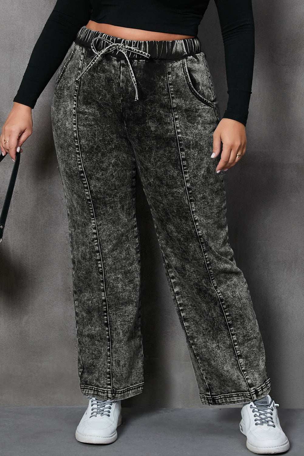 Plus size drawstring pocketed straight jeans with no stretch.