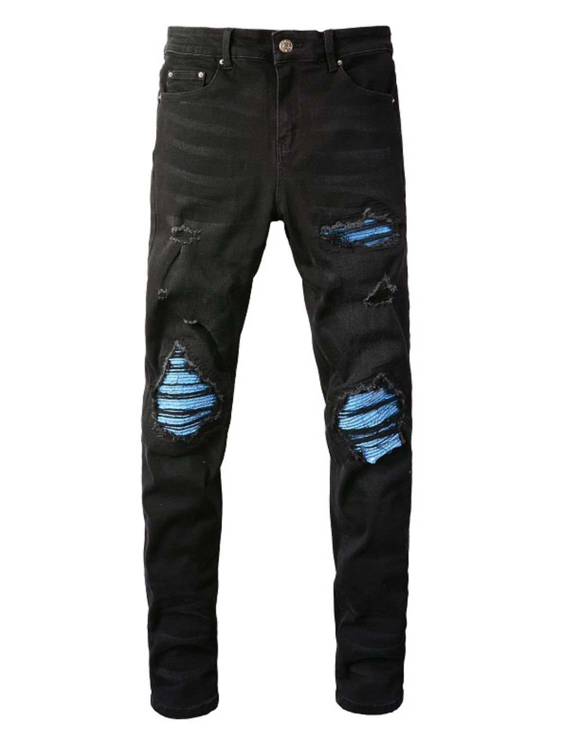 Men's distressed skinny jeans with ripped details and raw hem.