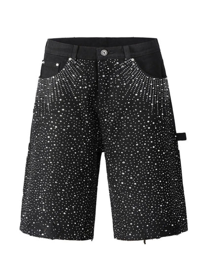 Men's rhinestone shorts with pockets, cotton blend, basic style, machine washable.