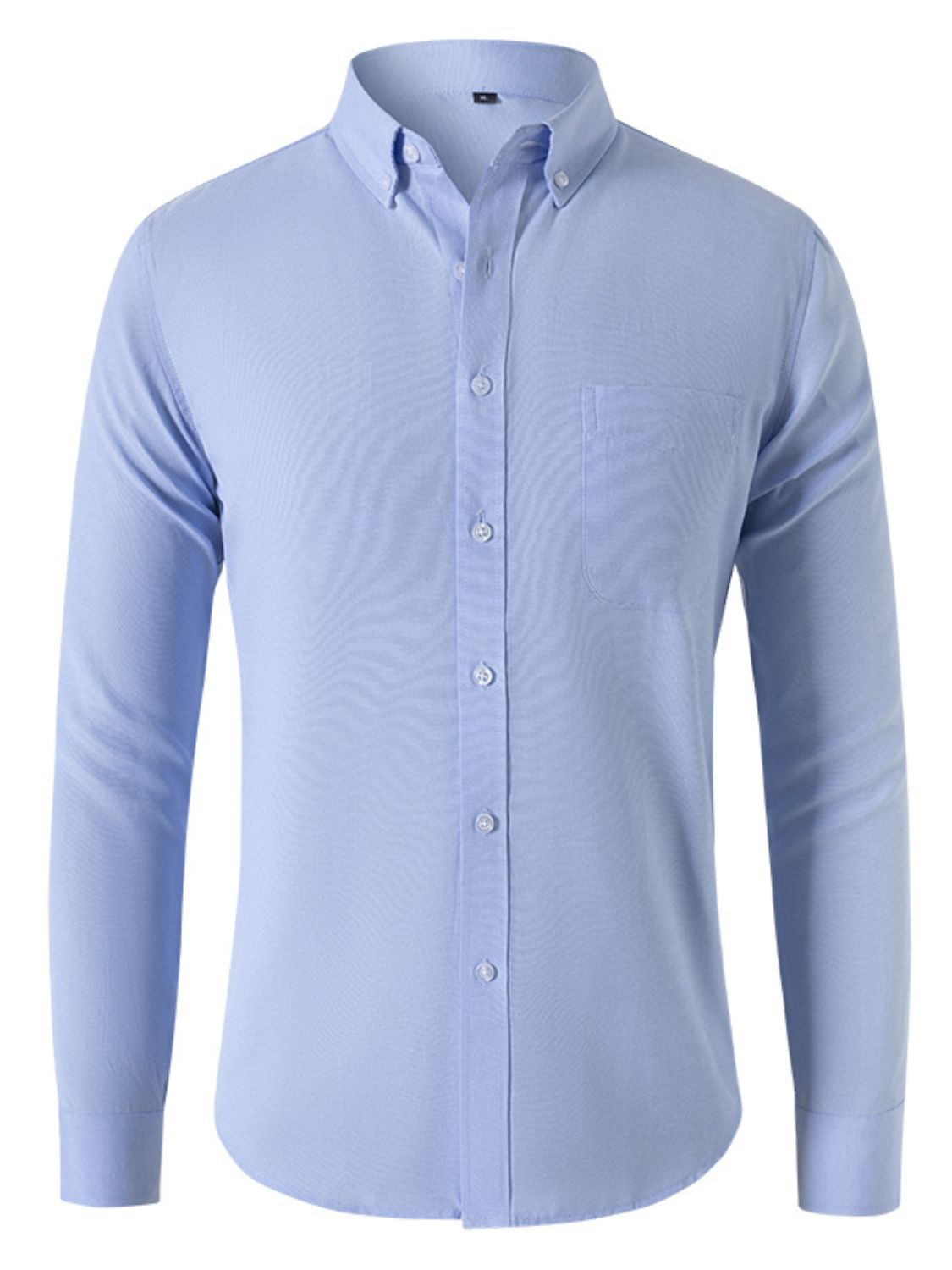Men's plus size light blue button-down collared neck shirt made of slightly stretchy cotton blend.
