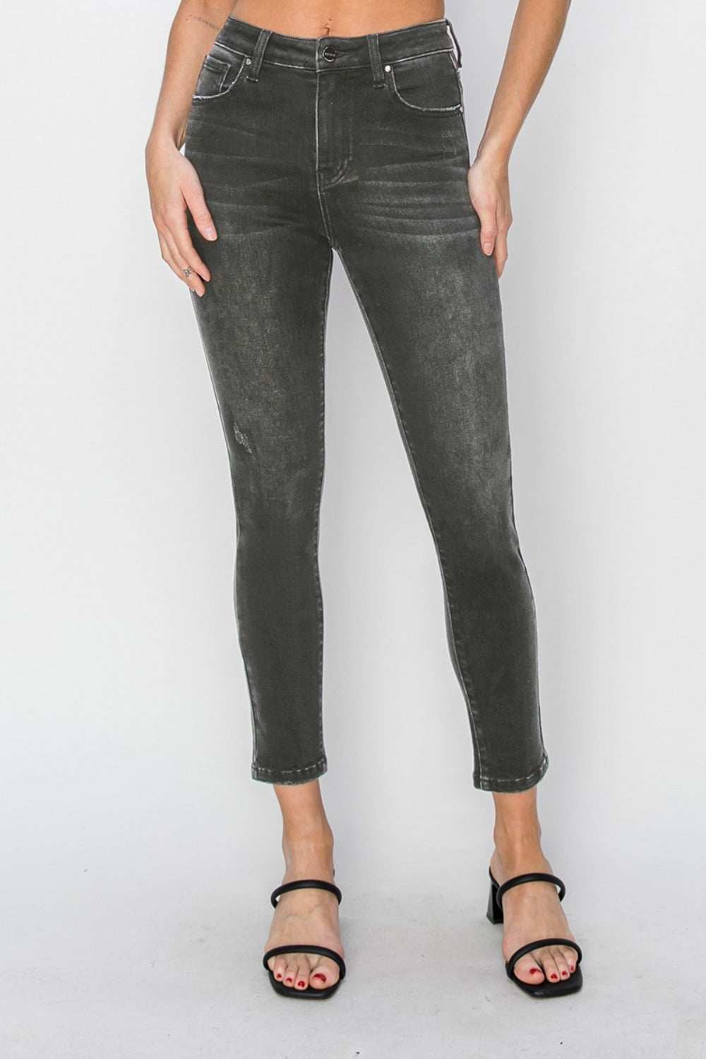 Full Size High Rise Ankle Skinny Jeans with pockets, stretchy fit.