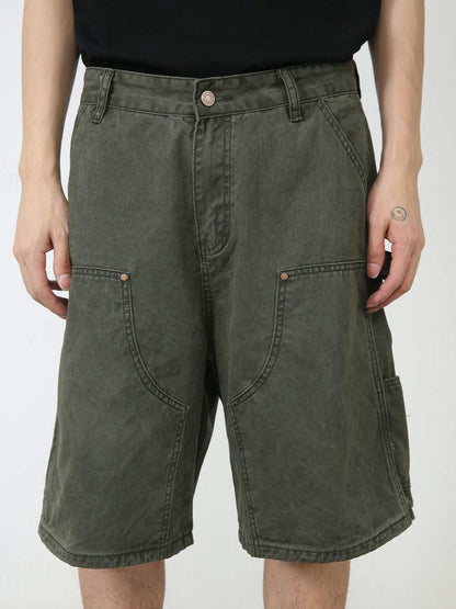 Men's mid rise denim shorts with pockets in green, basic style, buttoned, 95% cotton.