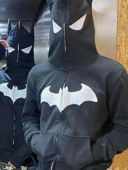 Men's bat embroidered zip-up hoodie with pockets and slightly stretchy material.