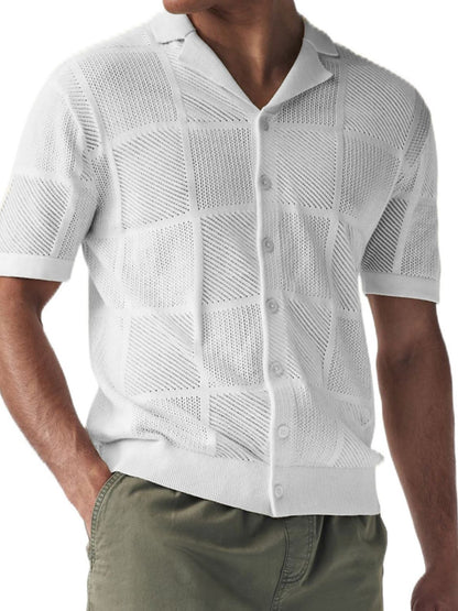 Men's button down checkered eyelet shirt with short sleeves and front buttons.