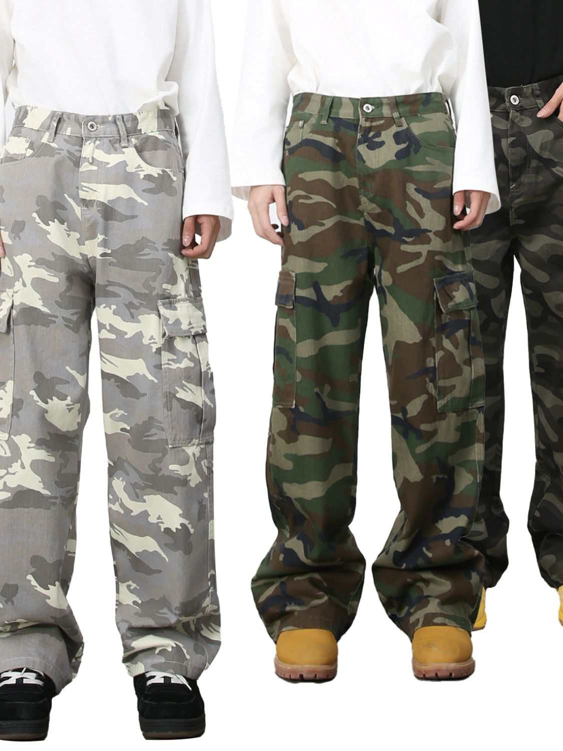 Men's camouflage jeans with pockets, cotton, no stretch, various sizes.