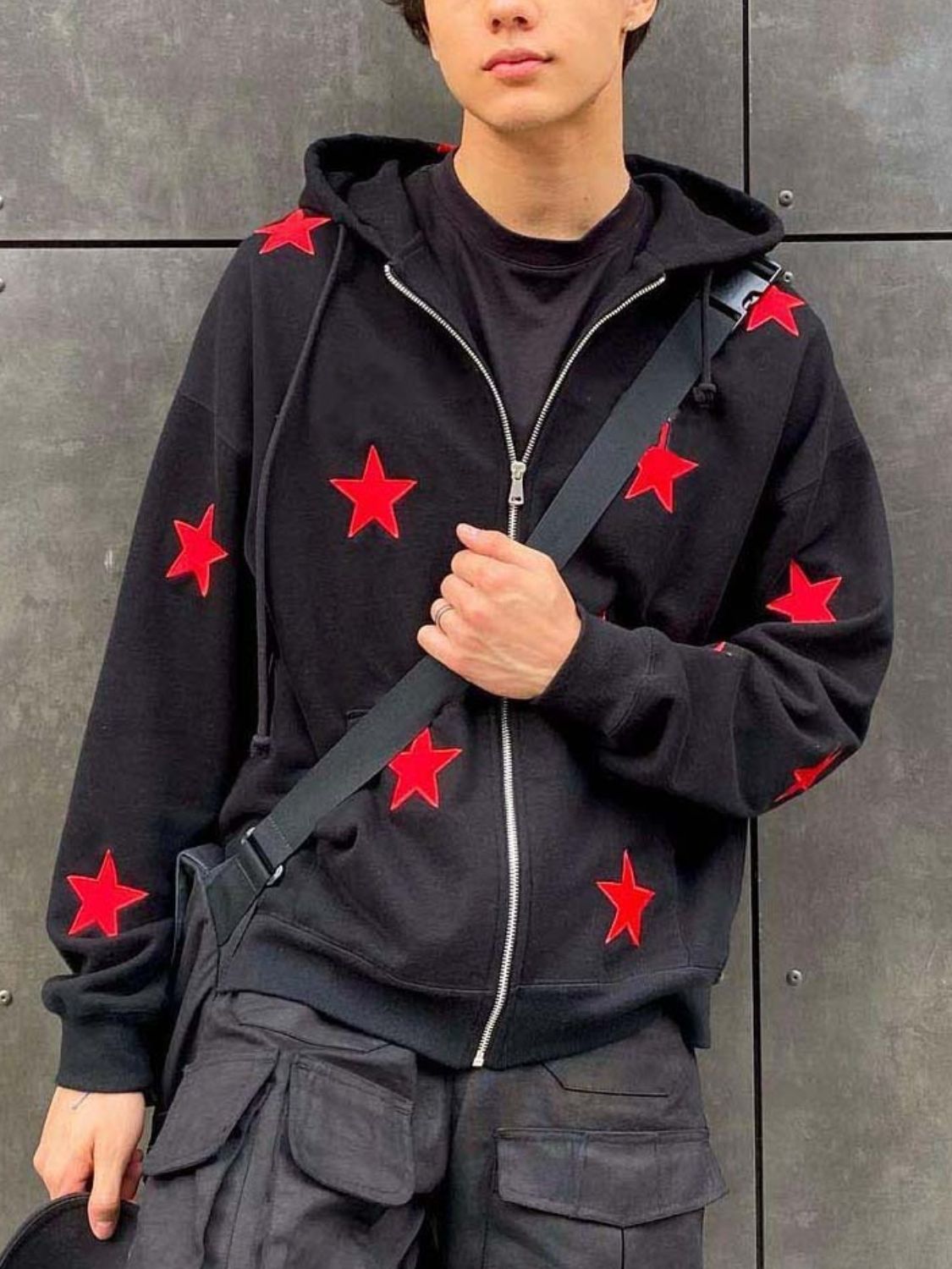 Men's Contrast Star Hooded Zip Up Hoodie with red star accents.