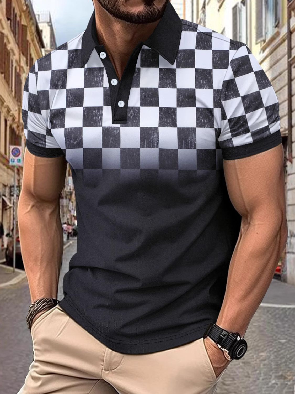 Men's full-size checkered polo shirt with short sleeves and collared neck, slightly stretchy polyester material.