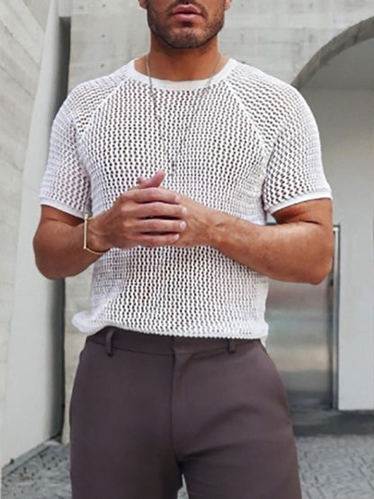 Men's openwork round neck short sleeve t-shirt with moderate stretch in white.