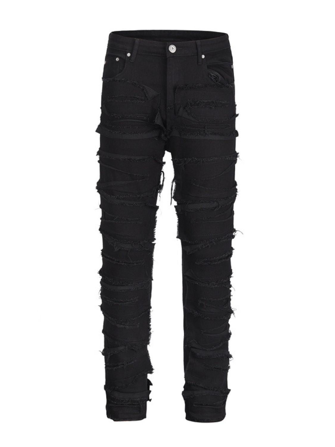 Men's washed distressed panelled jeans with raw hem and trendy design.