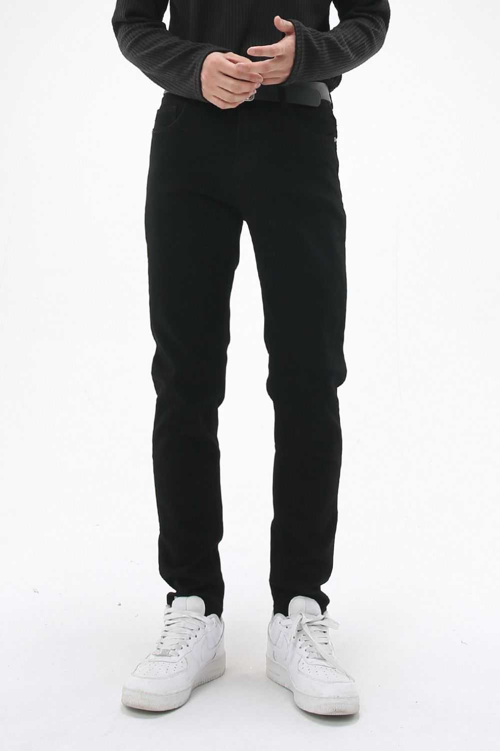 Men's washed slim skinny jeans, black, basic style, no stretch, cotton blend fabric.
