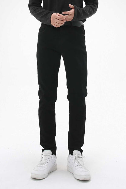 Men's washed slim skinny jeans, black, basic style, no stretch, cotton blend fabric.
