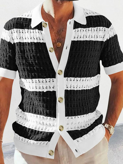 Men's button down collared neck contrast openwork shirt with moderate stretch.