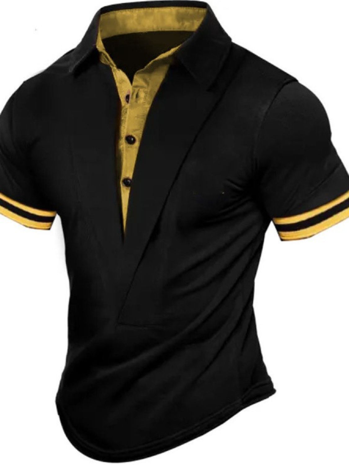 Men's collared neck contrast short sleeve polo in black with yellow accents, slightly stretchy fabric.