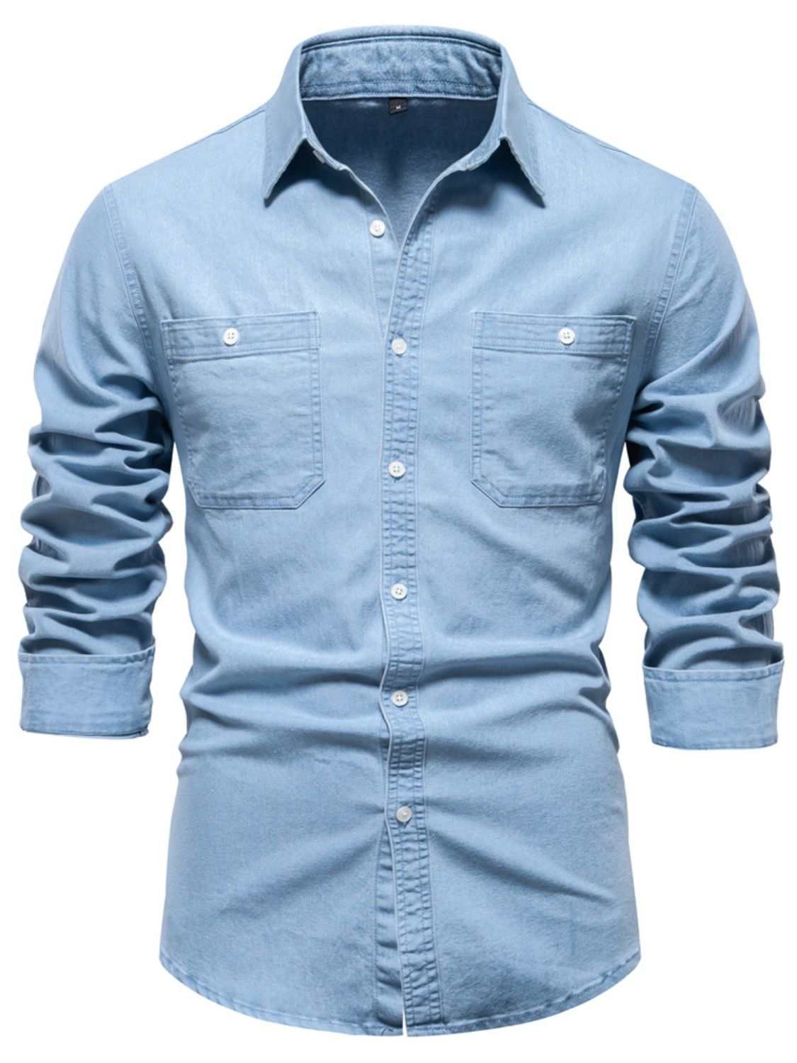 Men's collared neck denim shirt with long sleeves in blue, basic style, slightly stretchy.