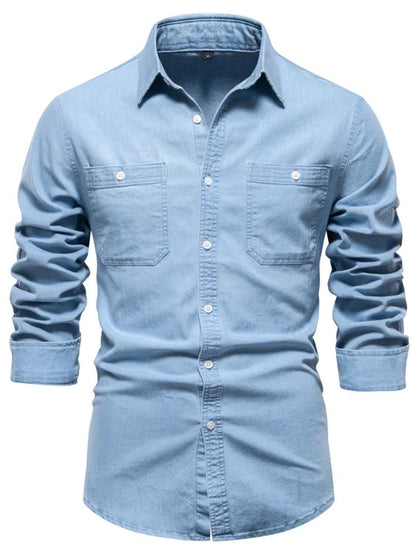 Men's collared neck denim shirt with long sleeves in blue, basic style, slightly stretchy.