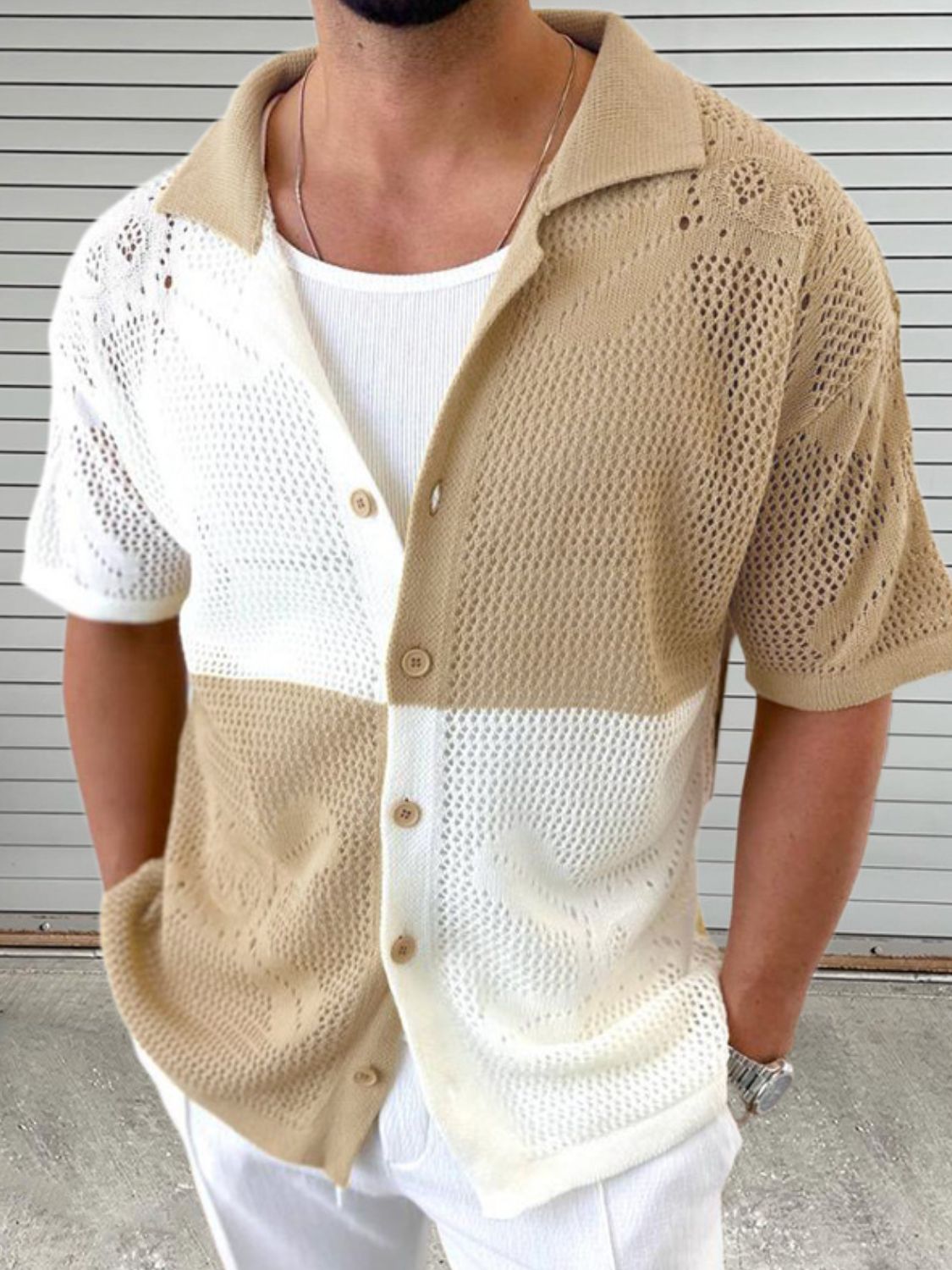 Men's contrast button-down hollow-out shirt with eyelet design in beige and white.