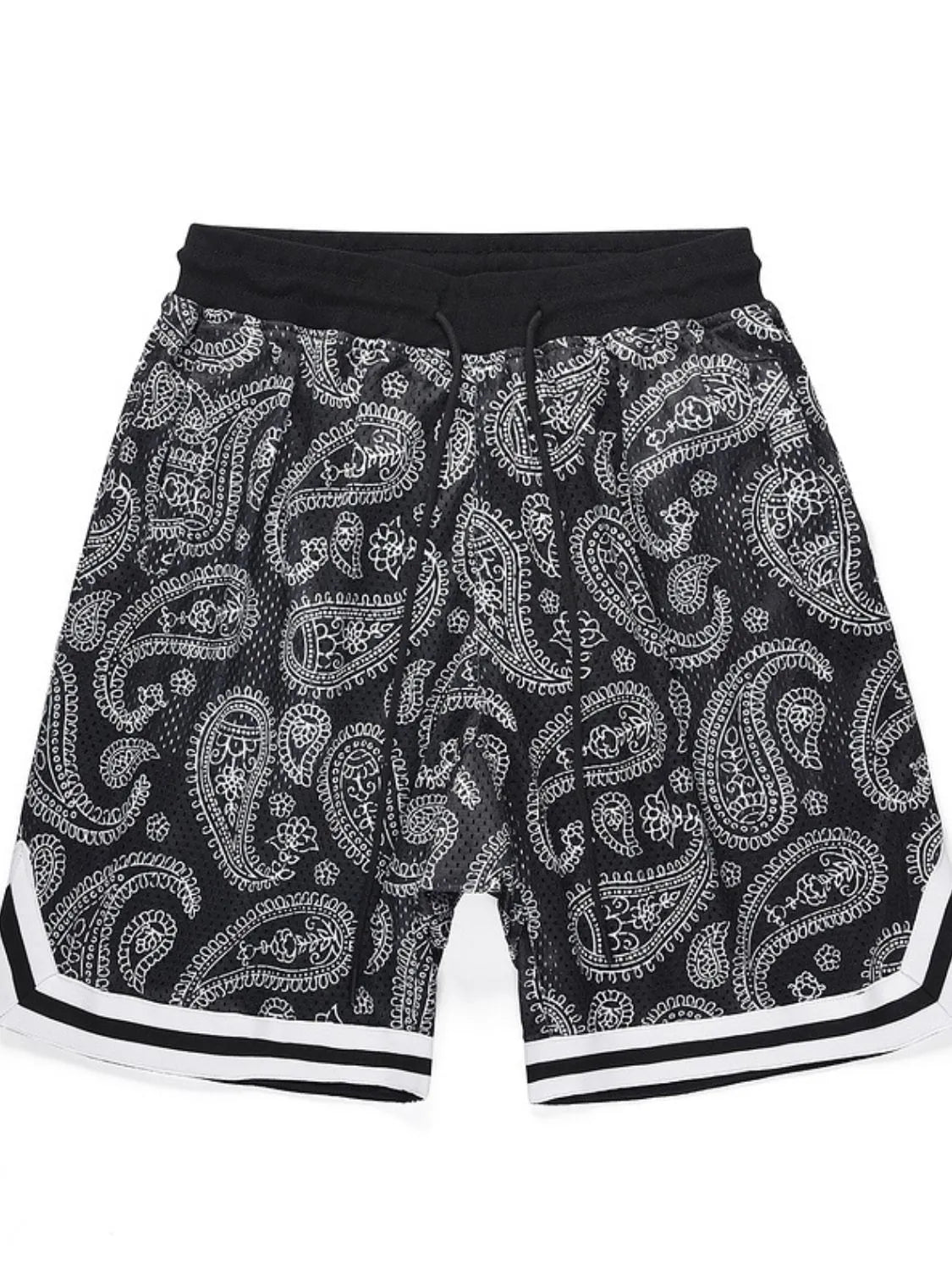 Men's drawstring shorts with printed pattern, polyester-spandex blend.