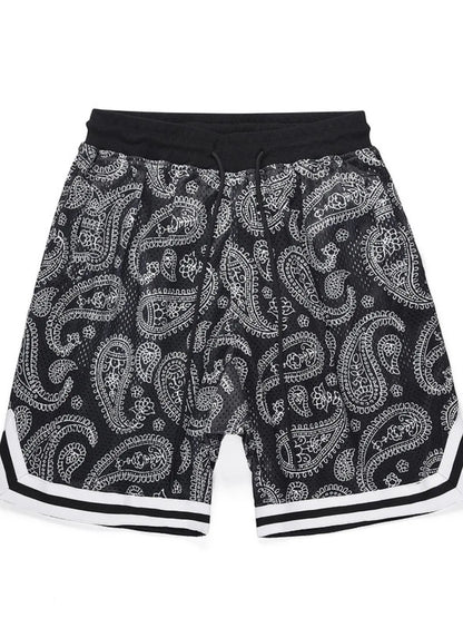 Men's drawstring shorts with printed pattern, polyester-spandex blend.